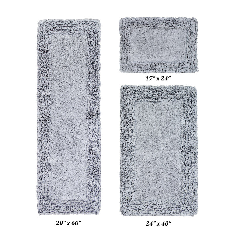 Ensemble de tapis pour salle de bain 100% coton 1775 g / m² 3 pièces Courson, certifié OEKO-TEX®, envers en latex antidérapant, motif de volants touffetés moelleux, super absorbant, tapis de salle de bain lavables à la machine, argent