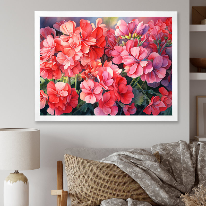 Geraniums au coucher du soleil, H 24 po x l 32 po x P 1 po, Cadre simple blanc