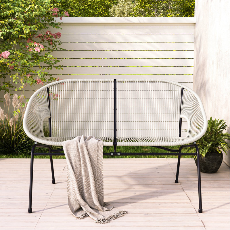 Outdoor Patio White Wicker Loveseat, Black/Ivory