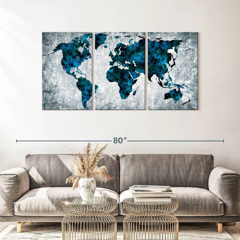 " Dark Blue Blend World Map Multi Piece Canvas Print " 3 - Pieces, 30" H x 62" W x 1.25" D