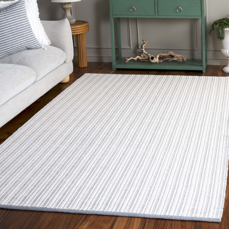 909 Hand Woven Cotton/Wool Striped Rug , Rectangle 5' x 8', Gray/Ivory