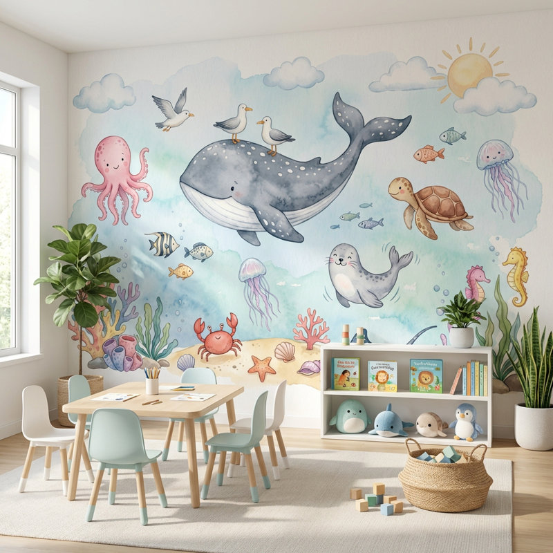 Décoration murale sous-marine marine, 120 po x 96 po, Peler et coller