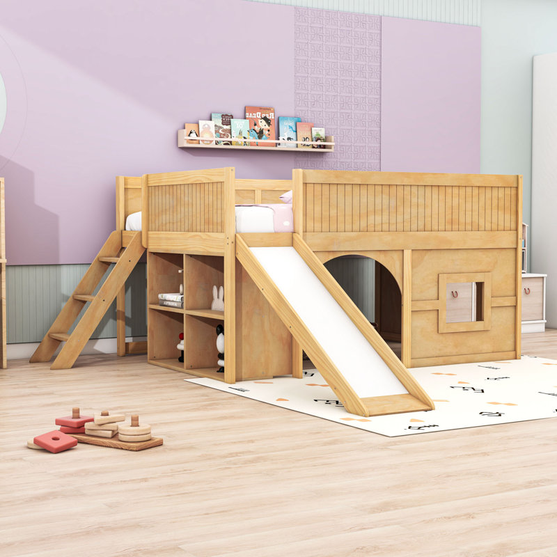Low Loft Bed With Storage Shelves And Slide, Natural