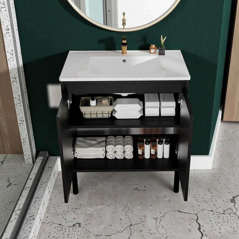 Meuble-lavabo moderne 30 po avec lavabo, stabilité au sol et tiroirs à fermeture en douceur - finition chêne élégant, Noir