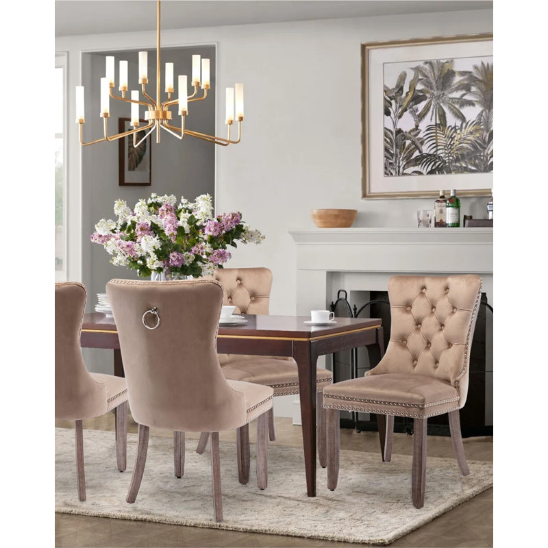 Chaises de salle à manger, chaise de salle à manger rembourrée haut de gamme avec anneau clouté, 4, Velours kaki, Brun