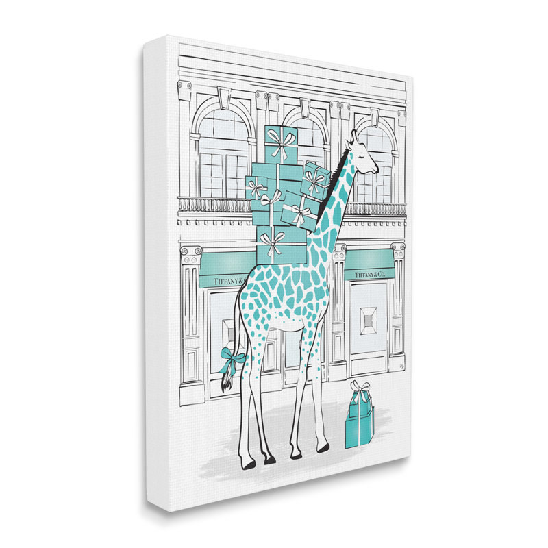 Girafe avec des boîtes-cadeaux empilées de Martina Pavlova-impression d’art graphique, H 20 po x l 16 po x 1,5 po