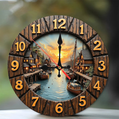 Rustic Wooden Sunset Harbour Wall Clock
