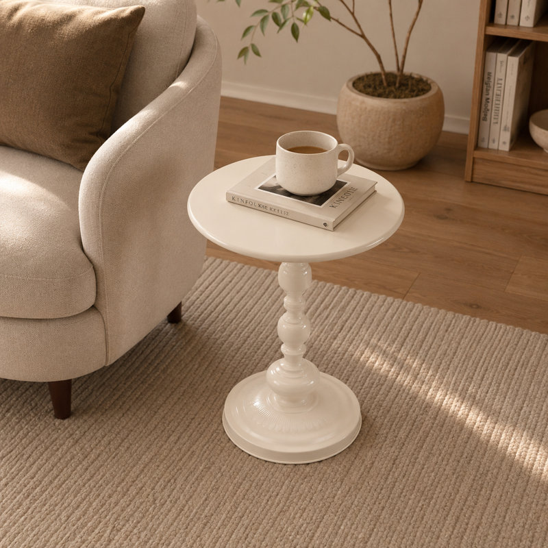 Table de bout ronde élégante avec base piédestal, H 21,19 po x l 15,69 po x P 15,69 po, 1, Crème, crème