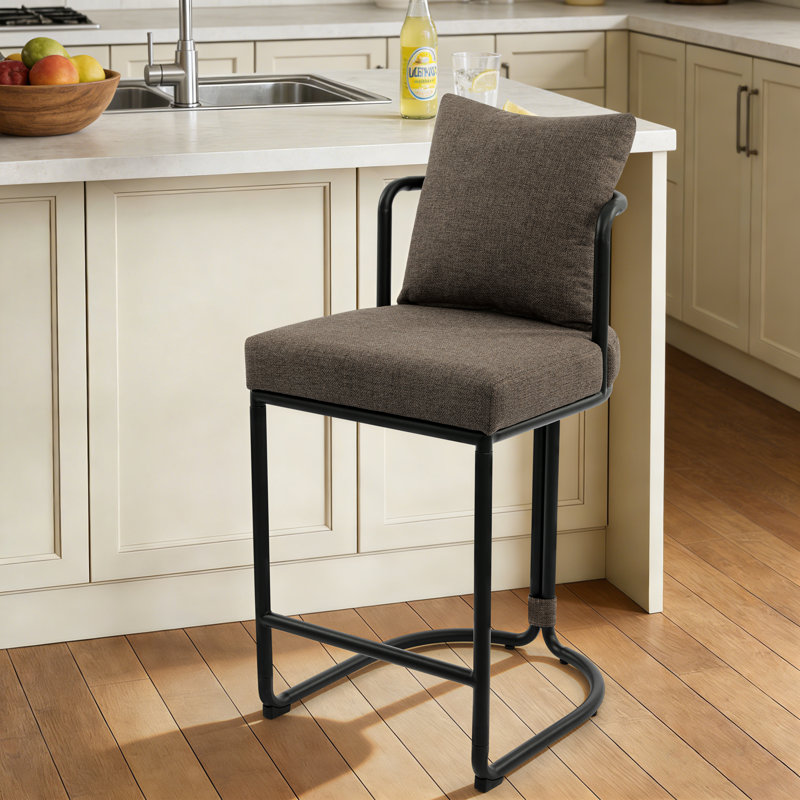 26'' Boucle Counter Stools With Backrest & Metal Frame, Modern Upholstered Bar Chairs For Kitchen Island, Brown