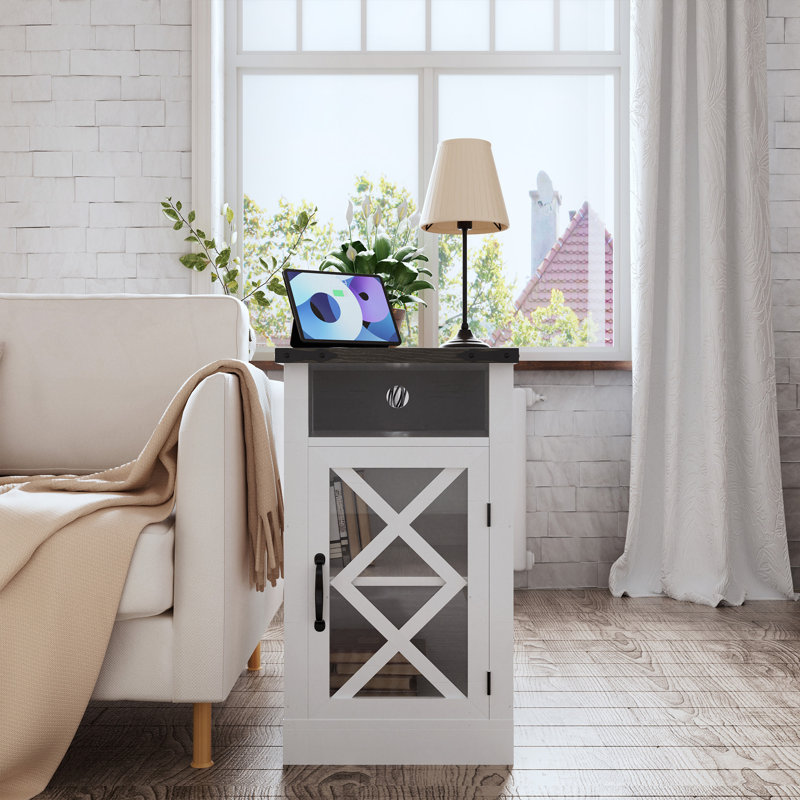Table de bout Farmhouse avec station de charge, table de chevet rustique avec porte de grange et tablette réglable