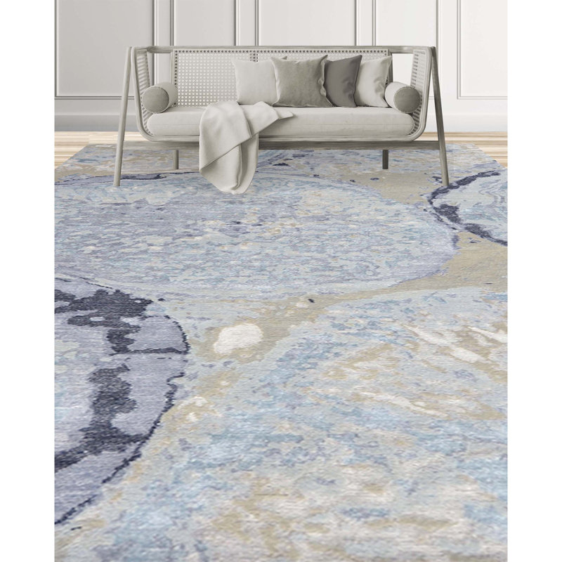 Hand-Knotted High-Quality Blue and Silver Area Rug, Rectangle 8'2" x 10'1"