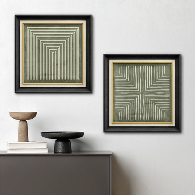 Geometric Abstract Line Minimalist - Framed Canvas Master Bedroom Wall Art Work 2 Pieces Print
