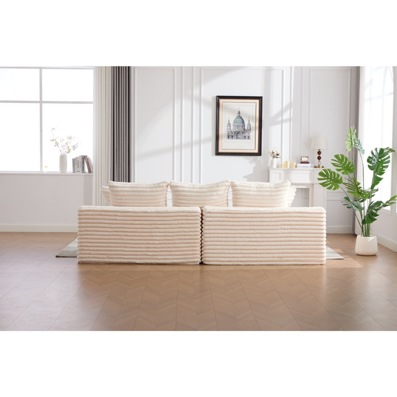Oversized Boneless Four Seats Sofa with Cup Holder and Side Pockets, Upholstered Corduroy Sofa Bed Cloud Couch, Beige