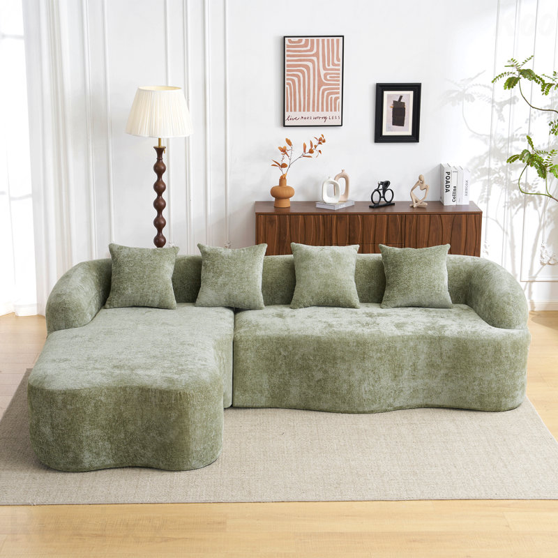 Green Full Compression L-Shape Sectional Sofa - Curved Chaise, Chenille Fabric, High-Density, Green
