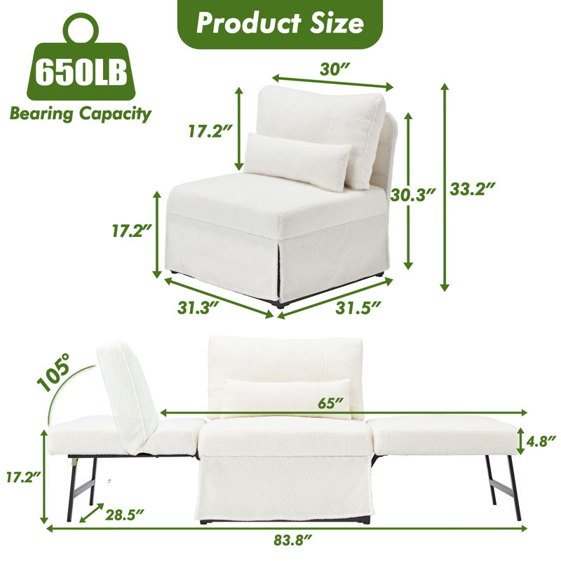 4-In-1 Convertible Sleeper Chair Bed, White Fabric