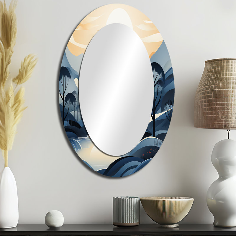 Blue Blue Line Line Landscape - Grand miroir mural ovale sur métal, 36 po x 24 po