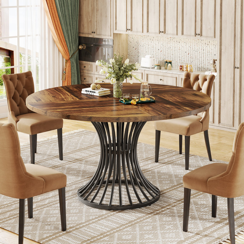 Ashiyah Round Metal Base Dining Table, Brown, Black