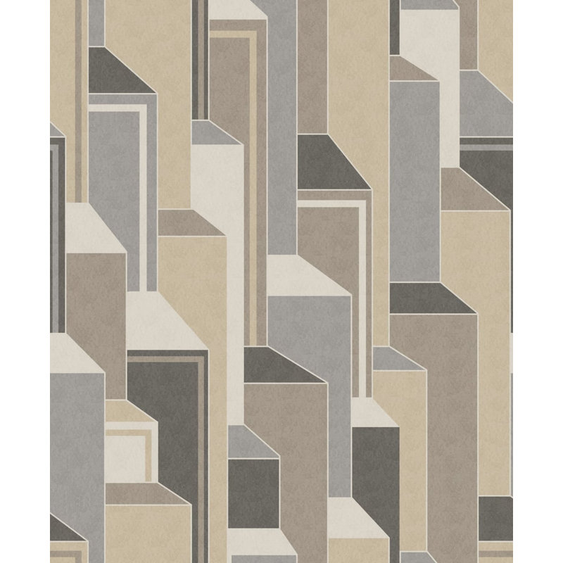 Rouleau de papier peint géométrique L 33 po x l 25,2 po Bunice Latte & Graphite, Gris foncé / brun / argent