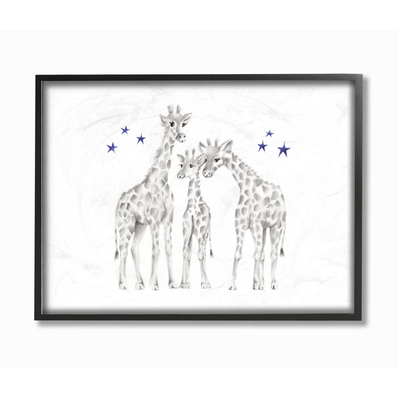 Girafe, graphite, dessin sur toile, Giclée encadrée noir minuit, H 11 po x l 14 po