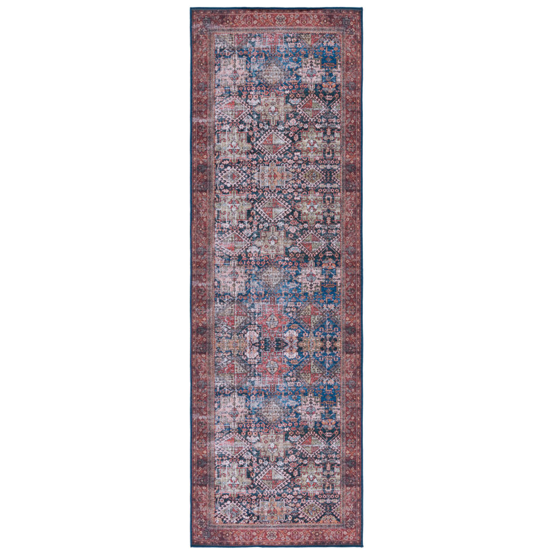 Tucson Vintage Look Machine Washable Non-Slip Area Rug in Red & Dark Blue, Runner 76 x 183 cm