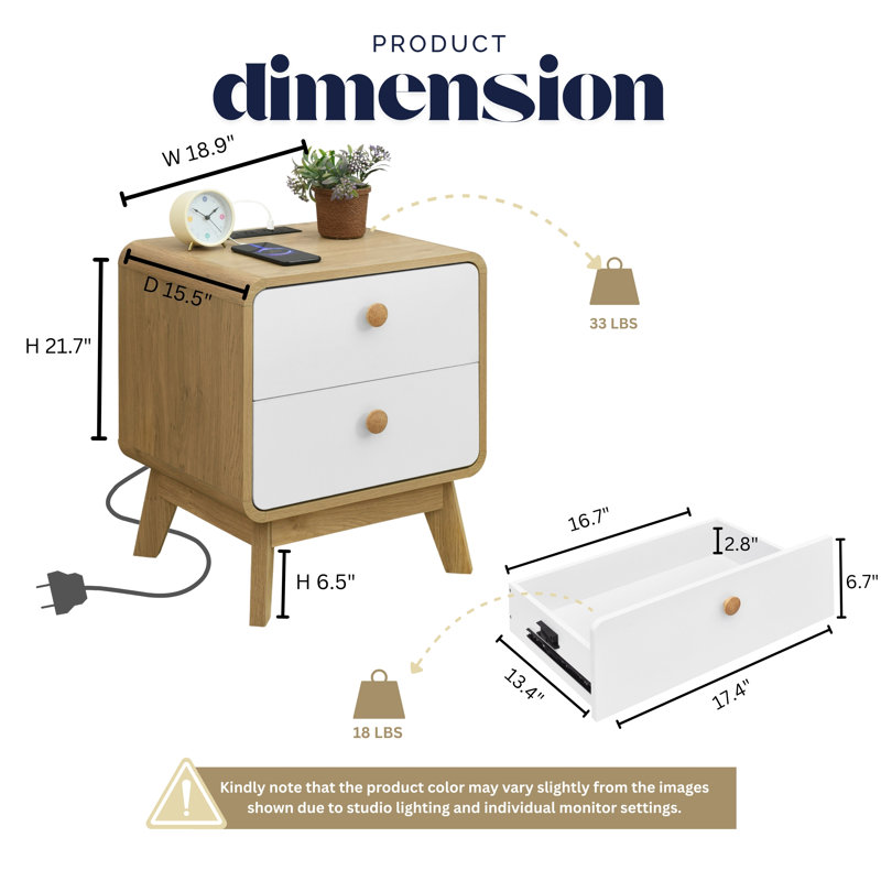 Aries 2 Drawer Nightstand with Charging Station, Bedside Table with Storage Drawers, Night Stand for Bedroom, End Table or Side Table for Living Room, 15.5" D x 18.9" W x 21.7" H