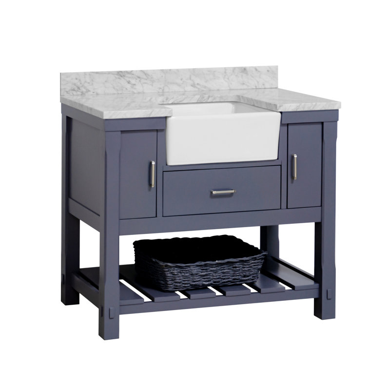 Ensemble de meuble-lavabo simple de 42 po Hitton, Gris marine, Marbre de Carrare