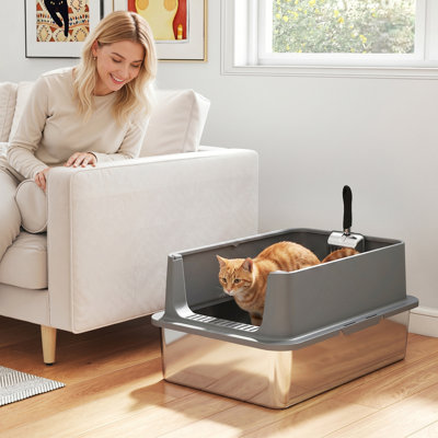 Bac à litière en acier inoxydable pour chat, très grand bac à litière en métal pour chats de grande taille, haut-côtés, fuite anti-urine, nettoyage facile, antiadhésif, absorbe les odeurs, comprend une pelle et un coussin, gris foncé