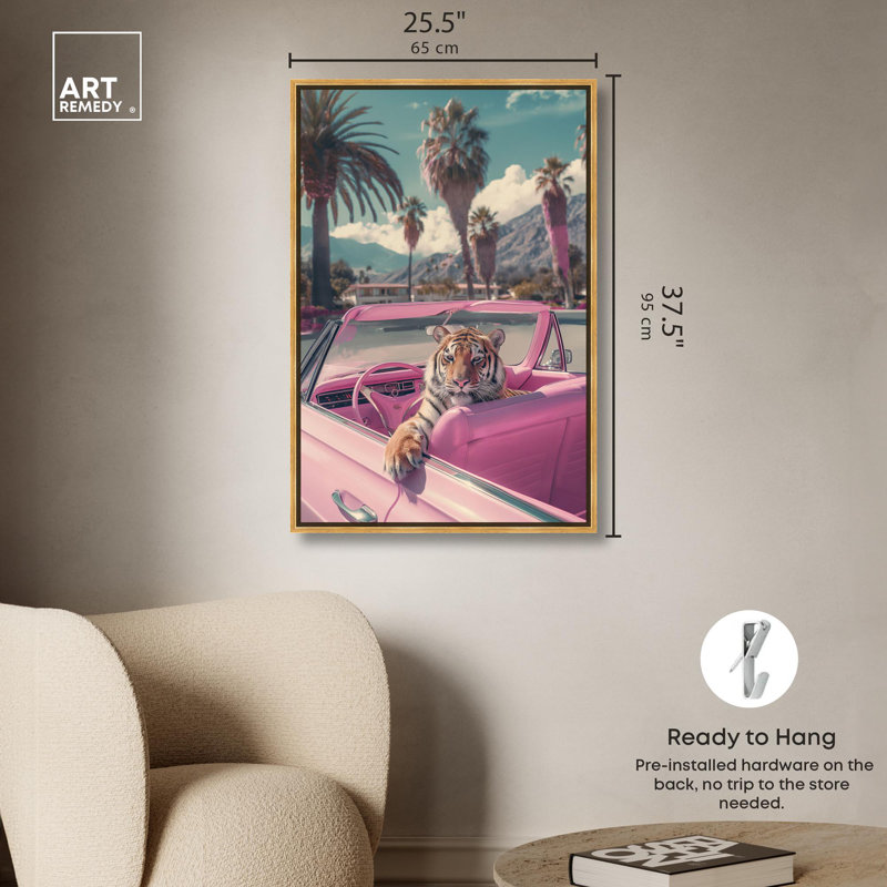 Art mural rose Rosy Tiger's Ride I, Cadre doré, H 37 po x l 25 po