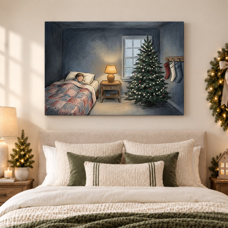 «Sleeping Child Beside Tree and Snowy Window Christmas», art mural sur toile, 20"H x 30"W