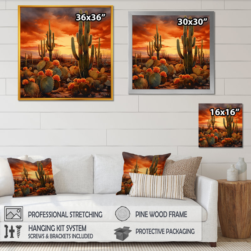 Impression sur toile cactus cuivré au Nevada, H 16 po x l 16 po x P 1 po, Cadre simple noir