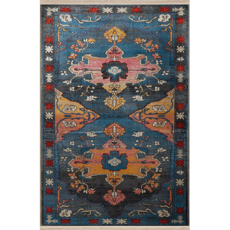Tapis lavable décoratif bleu à motif traditionnel multicolore, Sous-tapis rectangulaire de 3 pi 3 po x 4 pi 11 po