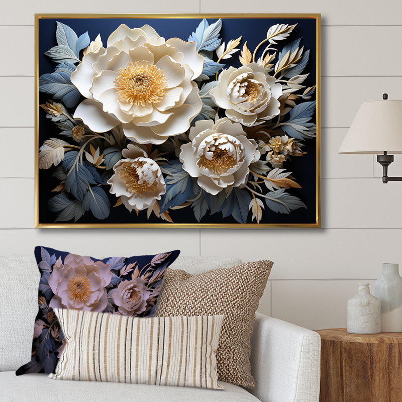 " Peonies Unveiled Blooms ", 30" H x 40" W x 1.5" D, Gold Floater Frame