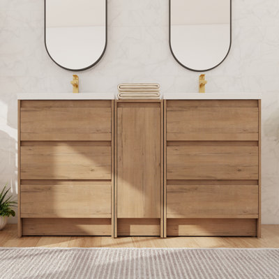 60" Double Freestanding Bathroom Vanity with Resin Sink, Floor Standing Bathroom Vanity with 1 Door, 6 Drawers, 1 Adjustable Shelf