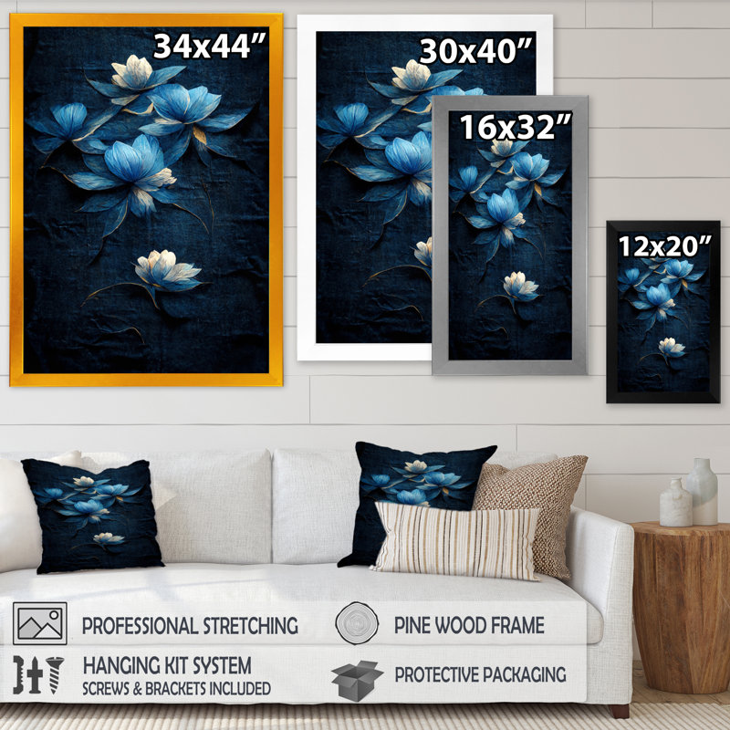 Fleurs rétro bleu clair chinois I - reproduction sur toile, Toile encadrée noire, H 20 po x l 12 po x P 1 po