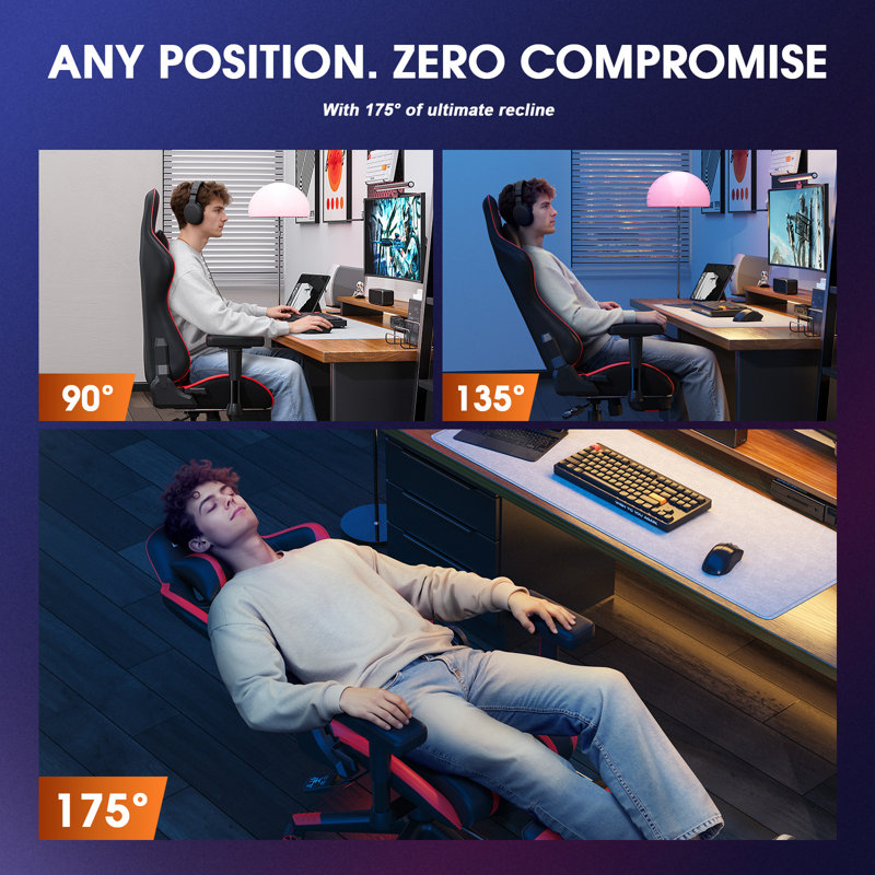 Fauteuil de jeu avec massage chauffant et pétrissant, fauteuil de bureau ergonomique, accoudoirs réglables et rembourrés à 175 °, fauteuil d'ordinateur haut dossier avec repose-pieds, capacité de poids de 400 lb