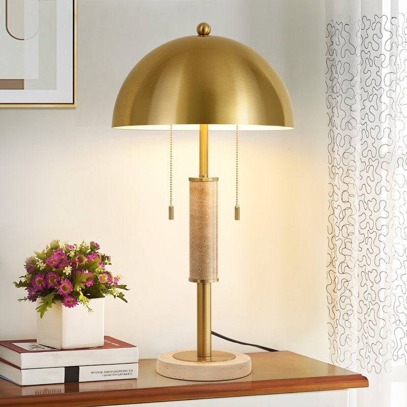 Lampe de table 24 po à 2 lumières en métal moderne avec base en marbre à double tirette et abat-jour dôme