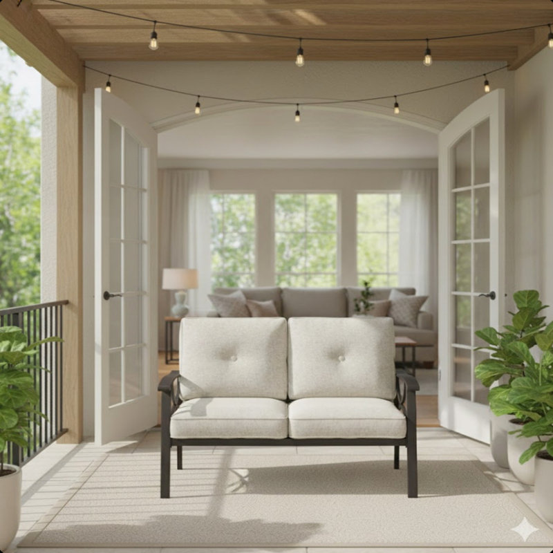 48-Inch All-Weather Metal Loveseat with Plush Beige Cushions and Durable Khaki Frame for Outdoor Comfort