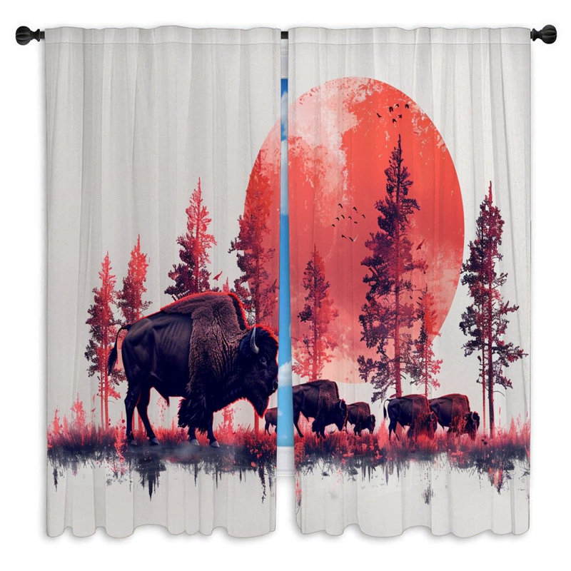 Rideaux de bison avec rideaux de la faune à la silhouette de coucher de soleil - 2 panneaux, L 56 po x L 78 po