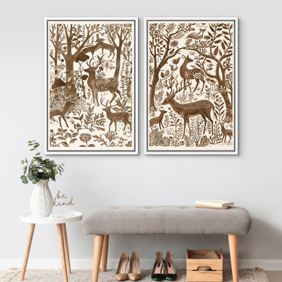 Watercolor Brown Deer In the Forest Animal Botanical Rustic Wall Art Framed 2 Pieces Canvas Print