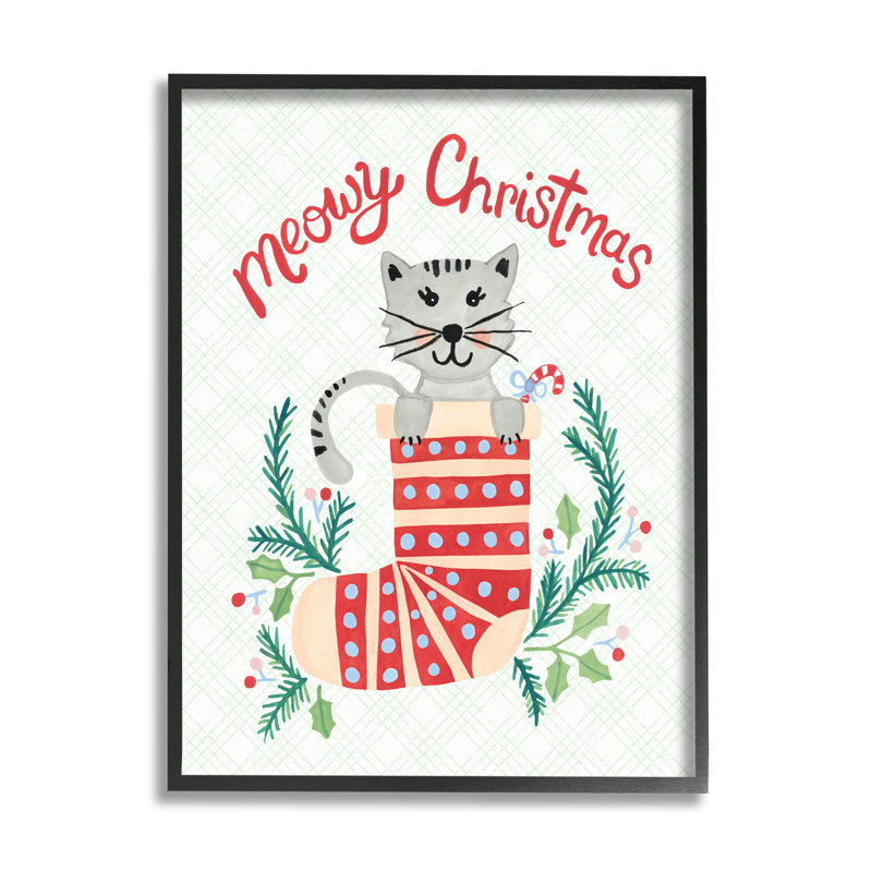 Meowy Christmas Clever Cat Nestled, H 20 po x l 16 po x P 1,5 po, Giclée encadrée noir minuit