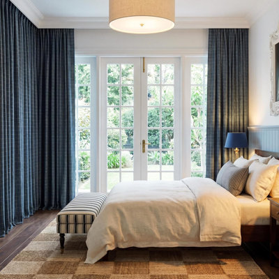 Dusty Blue Plaid Jacquard Light Filtering Curtains, Rod Pocket & Back Tab Geometric Pattern Thick Wovern Mudcloth Farmhouse Window Treaments for Living Room, W52 x L96, 2 Panels