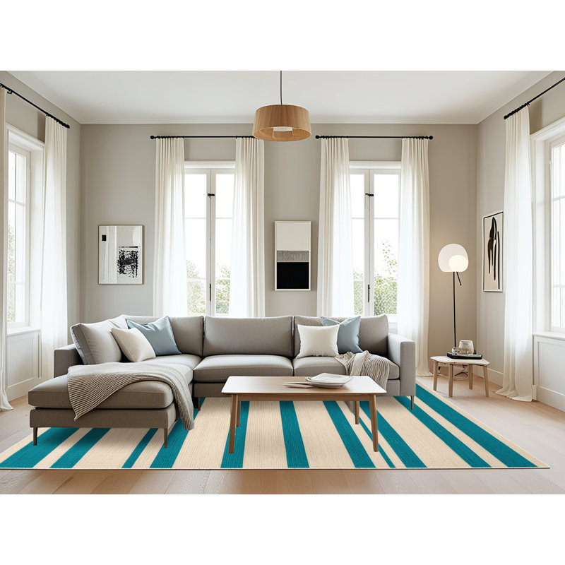 Tapis beige à rayures horizontales lavable à la machine, Rectangle 6 pi x 9 pi