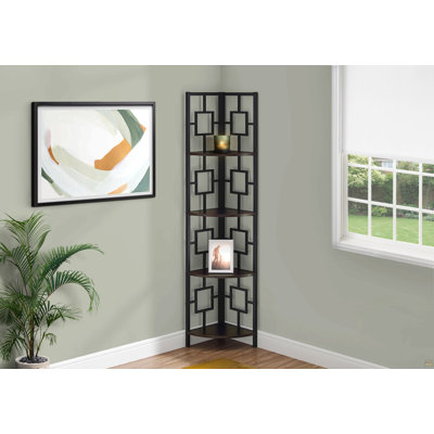 Bibliothèque, bibliothèque, étagère, d'angle, 4 niveaux, h 62 po, bureau, chambre à coucher, stratifié brun, métal noir, contemporain, moderne