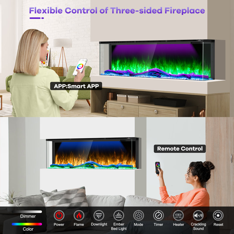 60 Inch 3 Sided Smart WiFi Electric Fireplace Insert with 251 RGB Flame Colors, Recessed Heater, App & Remote Control, 750W/1500W Dual Heat for Large Room up to 400 sq ft, ETL Certified