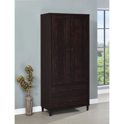 Armoire haute à 2 tiroirs, finition tabac rustique, bois d'ingénierie, détails en laiton, convient aux espaces de vie et de salle à manger, 70,31 po ou plus