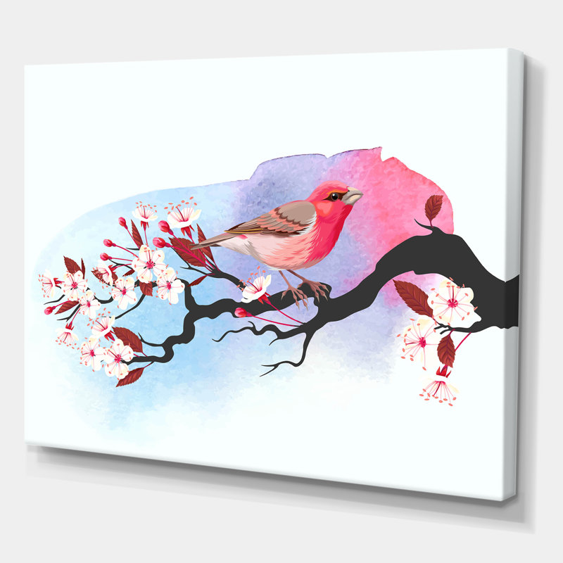 Oiseau rose sur une branche de cerisier - Impression sur toile, Toile tendue, H 24 po x l 32 po x P 1 po