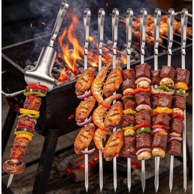 Paquet de 9 brochettes de 17 po pour barbecue, brochettes en métal avec poignée-poussoir, lavables au lave-vaisselle, accessoires pour barbecue pour poulet, crevettes et légumes, cadeau idéal pour les amateurs de grillades