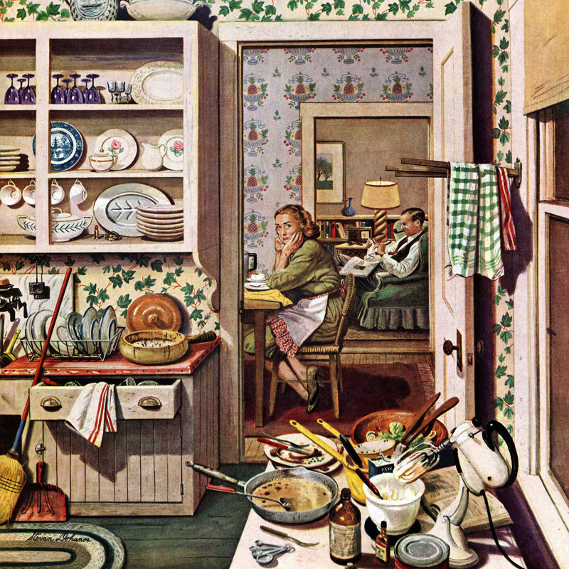 Reproduction d’art sur toile tendue, "après dîner vaisselle" par stevan dohanos, H 18 po x l 18 po