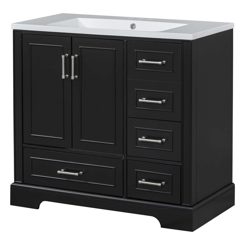 Ensemble de meuble-lavabo traditionnel 36 po avec lavabo en résine, armoire de salle de bain noire avec deux portes et quatre tiroirs
