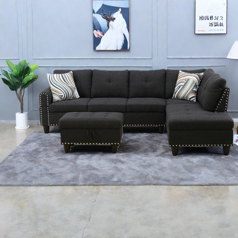 Ensemble de canapé de salon moderne en lin 3 pièces avec repose-pieds, table basse rabattable et porte-gobelets